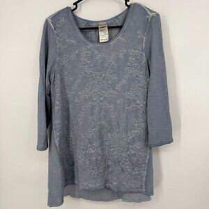 Chico's 1 Zenergy Embroidered Top US Size 8/10 Blue 3/4 Sleeves